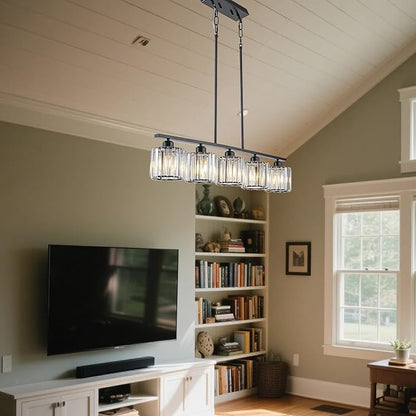 Luxury Crystal Island Lights 5-Light Linear Pendant Kitchen Island Chandelier Lighting for Dining Room Light Fixture Matte Black Finish with Glass Shade 36" L