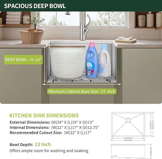 24-inch Undermount Laundry Utility Sink - SINKVINE 24x19x13 Extra Deep Stainless Steel Single Bowl Basin with Drain Strainer, Bottom Grid & Drying Unit for Laundry Room, Outdoor, Garage, Kitchen Use