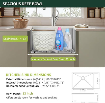 24-inch Undermount Laundry Utility Sink - SINKVINE 24x19x13 Extra Deep Stainless Steel Single Bowl Basin with Drain Strainer, Bottom Grid & Drying Unit for Laundry Room, Outdoor, Garage, Kitchen Use