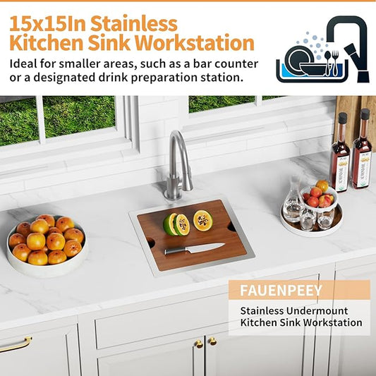 15x15In Kitchen And Bar Workstation Sink- Small Stainless Steel Undermount Single Bowl Bar Sink Built-in Ledge Drop In Workstation Sink With Accessory-SS Grid Cutting Board,Silicon Mat,Drain Assembly