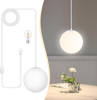 KoKo&Yukina 8" Globe Pendant Light White Plug in Pendant Light Adjustable Hanging Lights with Plug in Cord Matte White Finished with Milk Glass Lampshade for Bedroom Kitchen Island (Bulb Included)