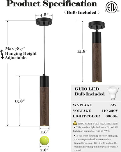 ELYONA LED Pendant Lights for Kitchen Island Walnut Wood Grain & Matte Black Metal, Modern Cylinder Pendant Light Fixtures for Dining Room Bedroom Office, GU10 Bulbs Included Adjustable Height, 3 Pack