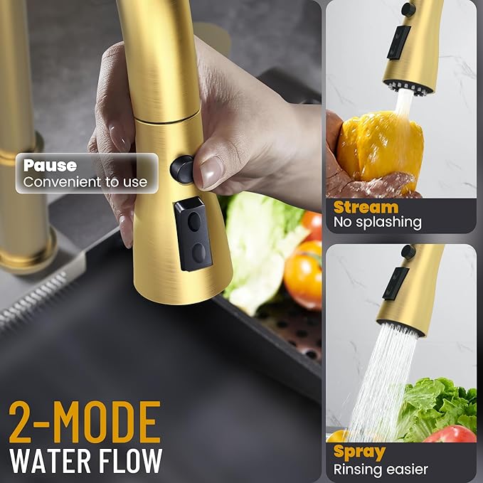 Brass Gold Kitchen Faucet 3 Hole with Soap Dispenser, Gold Kitchen Faucet with Pull Down Sprayer and Separate Single Side Handle 3 Pieces, Stainless Steel High Arc Kitchen Sink Faucet