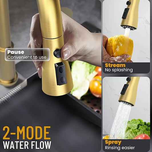 Brass Gold Kitchen Faucet 3 Hole with Soap Dispenser, Gold Kitchen Faucet with Pull Down Sprayer and Separate Single Side Handle 3 Pieces, Stainless Steel High Arc Kitchen Sink Faucet