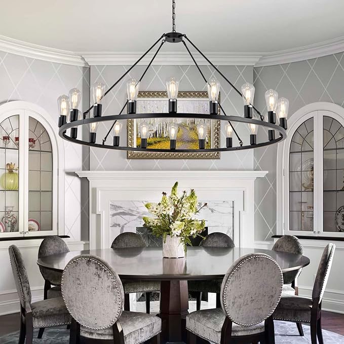 Lanhall 48” 20-Light Extra Large Wagon Wheel Chandelier, Round Black Rustic Farmhouse Chandelier Light Fixture for High Ceiling Living Room Dining Room Stairs Foyer- Adjustable Height Metal E26