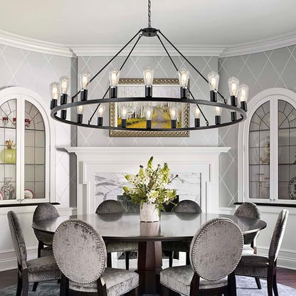 Lanhall 48” 20-Light Extra Large Wagon Wheel Chandelier, Round Black Rustic Farmhouse Chandelier Light Fixture for High Ceiling Living Room Dining Room Stairs Foyer- Adjustable Height Metal E26