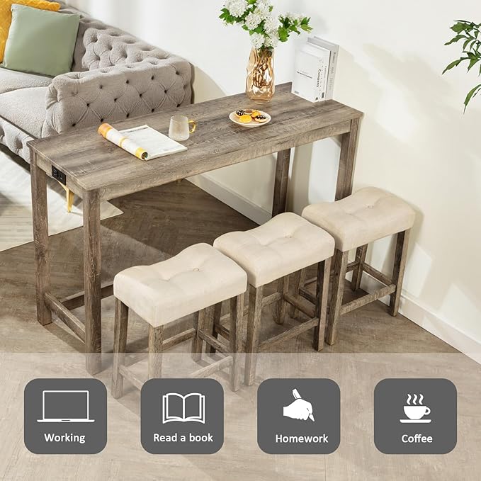 4-Piece Bar Height Table and Chairs Set - Rustic Bar Table with Integrated Power Outlets, 3 Padded Stools, Perfect as Kitchen Table, Small Dining Set, or Kitchen Island with Seating (Brown)