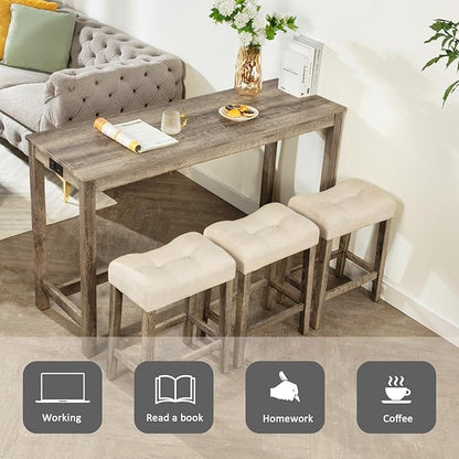 4-Piece Bar Height Table and Chairs Set - Rustic Bar Table with Integrated Power Outlets, 3 Padded Stools, Perfect as Kitchen Table, Small Dining Set, or Kitchen Island with Seating (Brown)