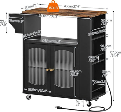 HOOBRO Kitchen Island with Power Outlet, Rolling Kitchen Island with Glass Doors and Open Storage Shelf, Island Table with Spice Rack, Towel Rack for Kitchen, Rustic Brown and Black BF53UZD01