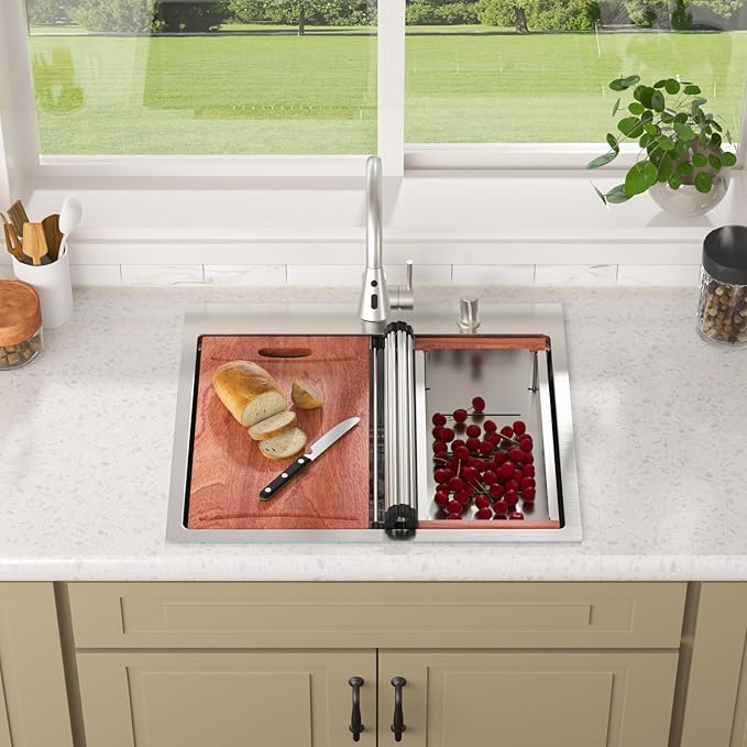 Lordear 25 Inch Drop In Kitchen Sink with Faucet 16 Gauge Stainless Steel Single Bowl 25x22x9 Topmount Kitchen Sink Workstation Sinks with Soap Dispenser