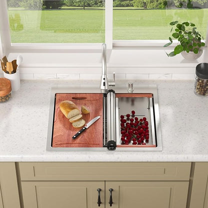 Lordear 25 Inch Drop In Kitchen Sink with Faucet 16 Gauge Stainless Steel Single Bowl 25x22x9 Topmount Kitchen Sink Workstation Sinks with Soap Dispenser