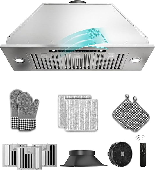 36 inch Stainless Steel Insert Range Hood - 900 CFM, Gesture Control, Ultra-Quiet 4-Speed Vent, LED Lights, Ducted/Ductless Convertible