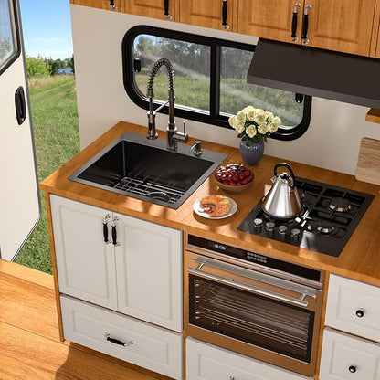 21 Inch Drop In RV Bar Sink - Beslend 21x20x9 Gunmetal Black Topmount Sink for RV Camper, Outdoor Kitchen Sink Black Stainless Steel Wet Bar with Roll-up Rack, Drain Assembly & Rinse Grid