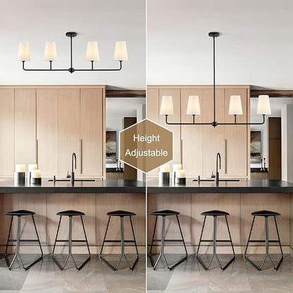 Black Linear Chandelier Modern Farmhouse Kitchen Island Light Fixture Classic 4 Light Chandeliers with White Linen Shades Over Dining Table