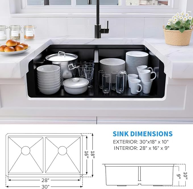 LQS Black Stainless Steel Kitchen Sink, 30 Inch Undermount Kitchen Sink, 50/50 Black Undermount Kitchen Sink with 10” Depth, X-Shaped Drain Line, Dual Mount Design and Round Corner