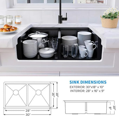 LQS Black Stainless Steel Kitchen Sink, 30 Inch Undermount Kitchen Sink, 50/50 Black Undermount Kitchen Sink with 10” Depth, X-Shaped Drain Line, Dual Mount Design and Round Corner