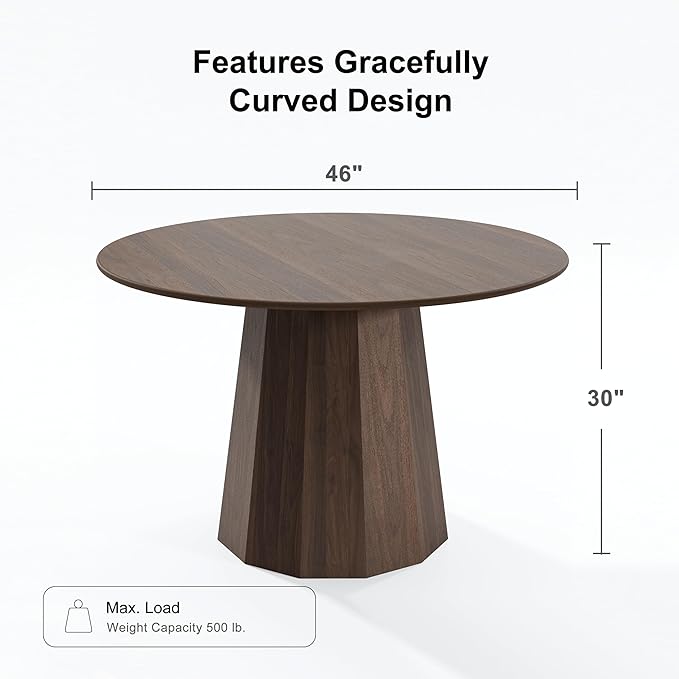 Casaphoria 46" Round Dining Table, Modern Wood Kitchen Table with Cone Shaped Strip Polygonal Base for Living Room & Dining Room, Easy Assembly Farmhouse Furniture for 4-6, Walnut