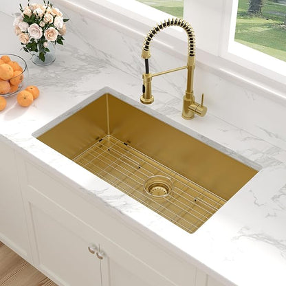 Sarlai 32 Inch Gold Undermount Kitchen Sink - 32 x 19 Inch Kitchen Sink Undermount Gold Stainless Steel Single Bowl Under-Mount 16 Gauge Sinks Under Counter Round Corner Basin