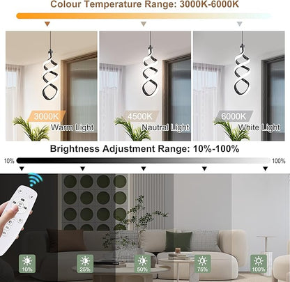 EIDISUNY Modern Led Pendant Light Fixture, 15W Black Spiral Led Chandelier Hanging Lamp, 3000K-6000K, Dimmable Pendant Lamp, Adjustable Height Pendant Light for Kitchen Island Dining Room Bedroom Cafe