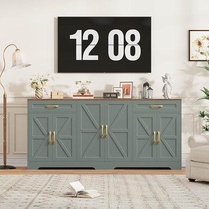 BOTLOG 71” Large Sideboard Buffet Cabinet with Storage, Farmhouse Kitchen Buffet Cabinet with Adjustable Shelves and 6 Barn Doors, Wood Coffee Wine Bar Console Table for Kitchen, Dining Room, Green