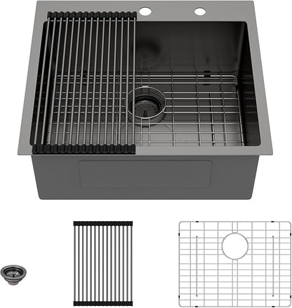 Lordear 25 Drop In Kitchen Sink 25 x 22 inch Gunmetal Black Drop Sink 16 Gauge Stainless Steel Single Bowl Topmount Over Counter Bar Prep Kitchen Sinks Basin