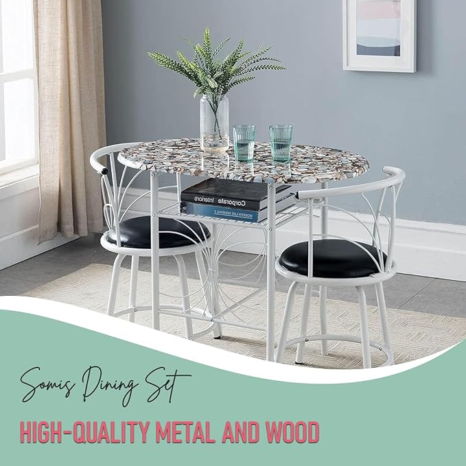 Kings Brand Furniture Somis 3 Piece Dining Table Set with Cobblestone Top - Breakfast Table with 2 Chairs - 2 Seat Dining Table Set for Small Spaces - Round Table Set with Faux Marble Top - White