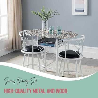 Kings Brand Furniture Somis 3 Piece Dining Table Set with Cobblestone Top - Breakfast Table with 2 Chairs - 2 Seat Dining Table Set for Small Spaces - Round Table Set with Faux Marble Top - White