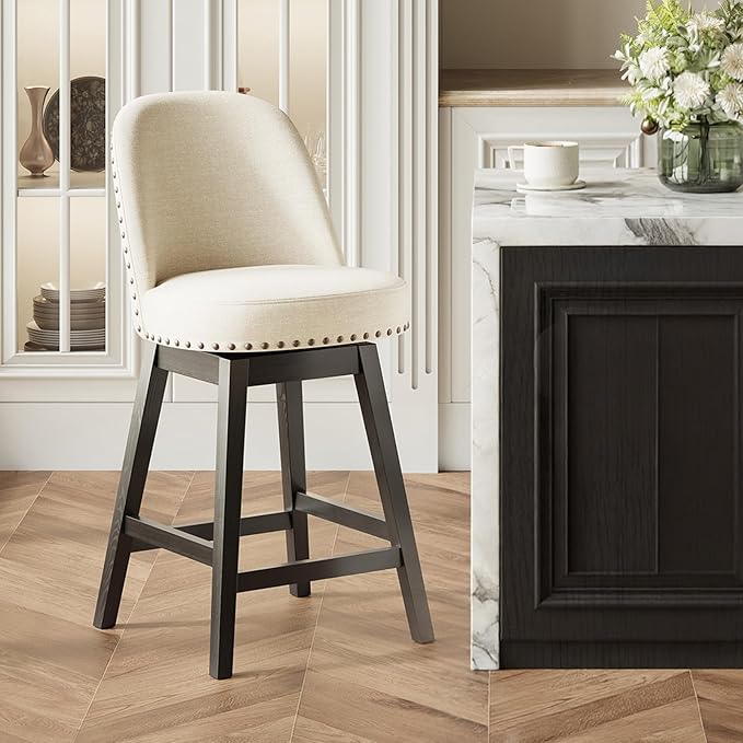 MALOL Swivel Bar Stool, Upholstered Fabric Mid Century Mondern Barstool, 26 inch Counter Height Bar Chair with Solid Back and Wood Legs, for Kitchen Island，Beige