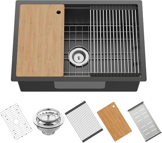 Black Kitchen Sink Workstation,28"x19" Stainless Steel Undermount Single Bowl Sink Built-in Ledge Drop In Workstation Sink For Placing/Sliding Accessories-Cutting Board,Drying Rack,Colander