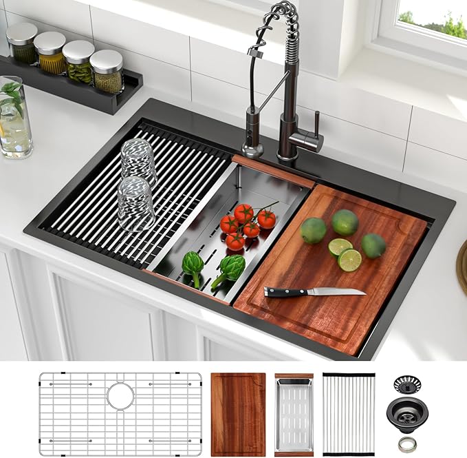 Logmey 33x22 Black Drop in Kitchen Sink 33" Topmount Kitchen Sink Workstation SUS304 16 Gauge Stainless Steel Handmade Single Bowl Top Mount Gunmetal Black Sinks,33x22x9