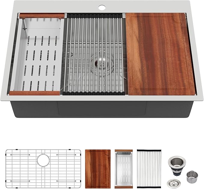Logmey 33x19 Drop In Kitchen Sink 33 Inch Stainless Steel Workstation Sinks SUS304 16 Gauge Topmount Ledge Single Bowl Overmount Kitchen Sinks 33x19x9