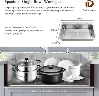 33x19 Drop in Kitchen Sink - Delironexu 16 Gauge Stainless Steel Sinks Top Mount, 33 Inch Drop in Kitchen Sink Single Bowl with 3 Accessories Package