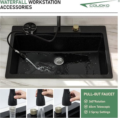 33x22 Drop In Waterfall Kitchen Sink Black Granite Composite Smart Kitchen Sink Multifunction Single Bowl Top Mount Black Multifunctional Waterfall Smart Sinks with Faucet Combo Glass Rinser
