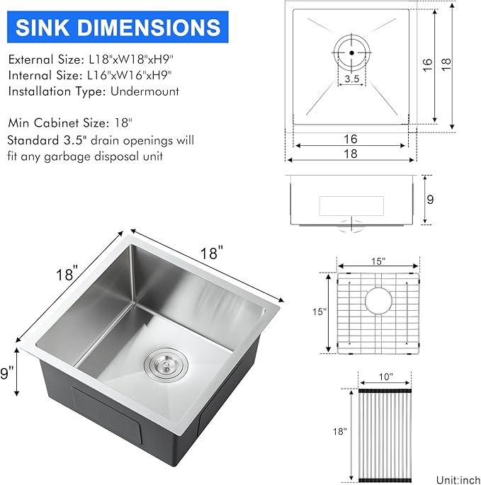 MENATT 18x18 Inch Undermount Kitchen Sink, 18 Gauge 304 Stainless Steel Single Bowl with Roll-up Drying Rack & Bottom Grid Mat, 9" Deep Compact Sink for Bar, Prep Station, Laundry Room