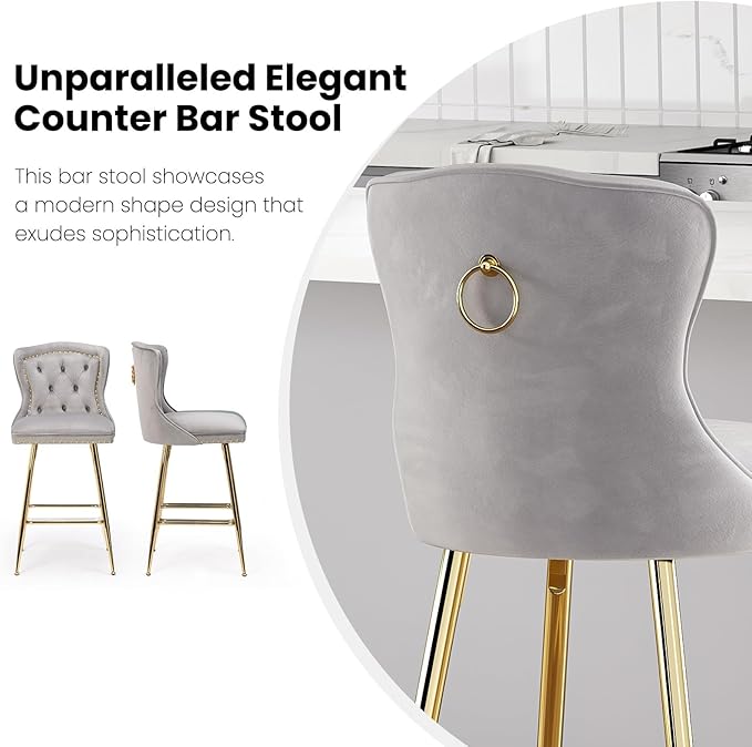 Luxurious Velvet Counter Height Bar Stools Set of 2 with Metal Legs, Button Tufted, Nailheads Trim, Wing-Back Bar Chairs for Kitchen Island Dining Room Pub(Gray)