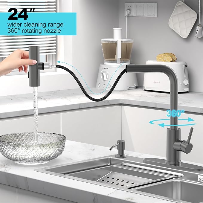 AVSIILE Waterfall Kitchen Faucets with Pull Down Sprayer & Soap Dispenser, Single Hole, Single Handle, Pull Out Tap, Stainless Steel Sink Faucet in Gray, Suitable for Farmhouse Camper Laundry Rv Bar