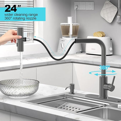 AVSIILE Waterfall Kitchen Faucets with Pull Down Sprayer & Soap Dispenser, Single Hole, Single Handle, Pull Out Tap, Stainless Steel Sink Faucet in Gray, Suitable for Farmhouse Camper Laundry Rv Bar