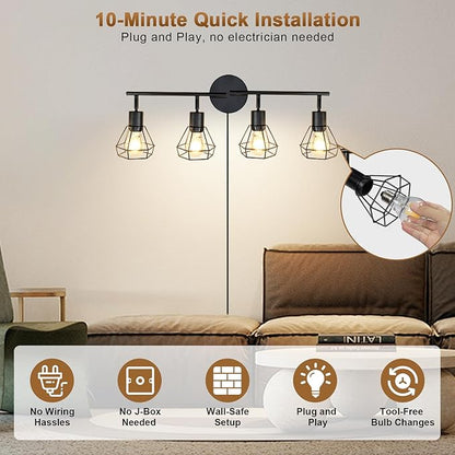 LTBLIGHT 4-Light Plug in Track Lighting with Power Cord, Plug in Ceiling Light with ON/Off Switch, LED Spotlight for Kitchen, Living Room, Artwork, E26 Base (Bulbs Not Included)