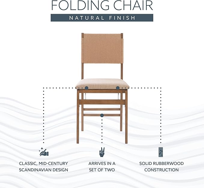 Bennett Natural Folding Chair with Rope Back and Linen Upholstered Seat Set of 2 by Linon