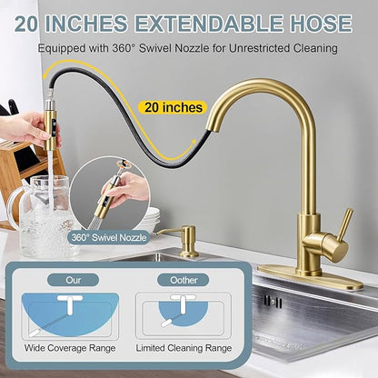 Gold Kitchen Faucets with Soap Dispenser, Single Handle High Arc Stainless Steel Sink Faucet with Pull Down Sprayer, 1 or 3 Hole Deck Plate Mount for Bar, RV, Laundry, Outdoor