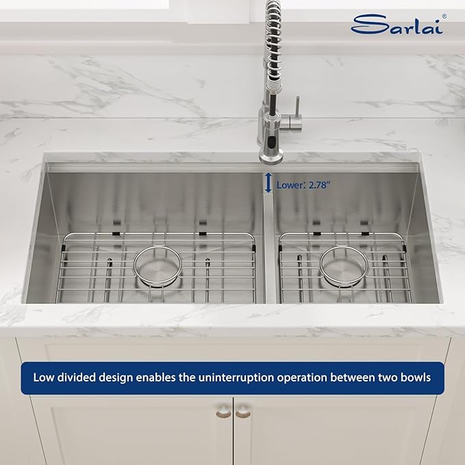 Sarlai 36 Undermount Kitchen Sink Double Bowl- 36 x 19 Inch Kitchen Sink Ledge Workstation Stainless Steel 16 Gauge Double Basin 60/40 Low Divide Under Counter Kitchen Sinks Basin