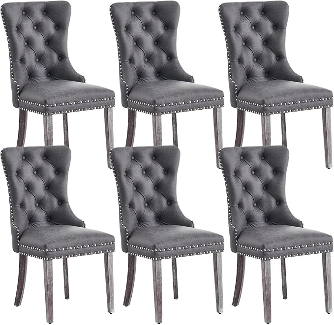 Eifizek Leather Dining Chair Set of 6, Dining Room Chairs with Nailhead Ring Pull Trim, Upholstered Dining Chairs with Solid Wood Legs for Kitchen Dining Room (Grey)