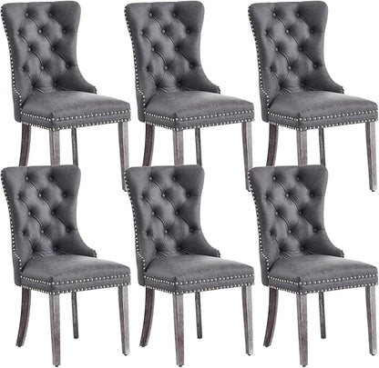 Eifizek Leather Dining Chair Set of 6, Dining Room Chairs with Nailhead Ring Pull Trim, Upholstered Dining Chairs with Solid Wood Legs for Kitchen Dining Room (Grey)