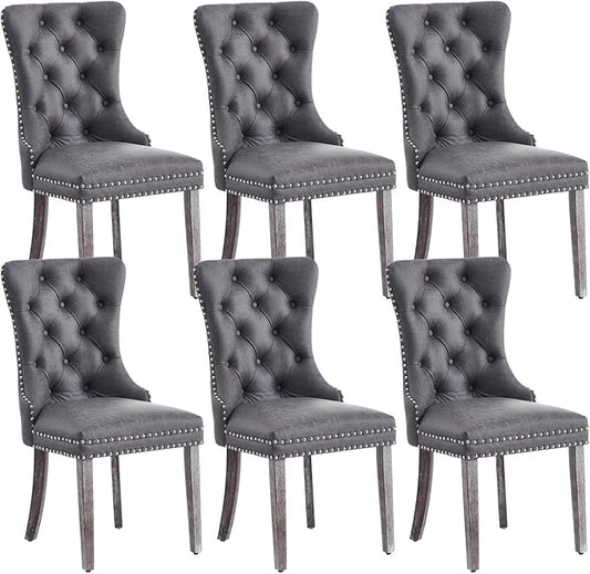 Eifizek Leather Dining Chair Set of 6, Dining Room Chairs with Nailhead Ring Pull Trim, Upholstered Dining Chairs with Solid Wood Legs for Kitchen Dining Room (Grey)