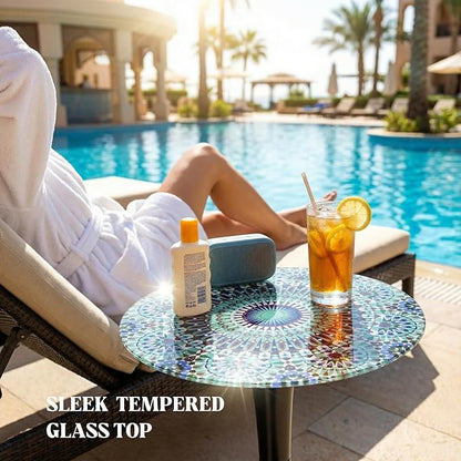 Simmer Stone 13.4" Outdoor Side Table, Round Patio Bistro Table Printed Tempered Glass Top, Waterproof Rust-Proof Base, Small Plant Stand for Balcony, Garden, Deck, 21.6" H (Blue Morocco)
