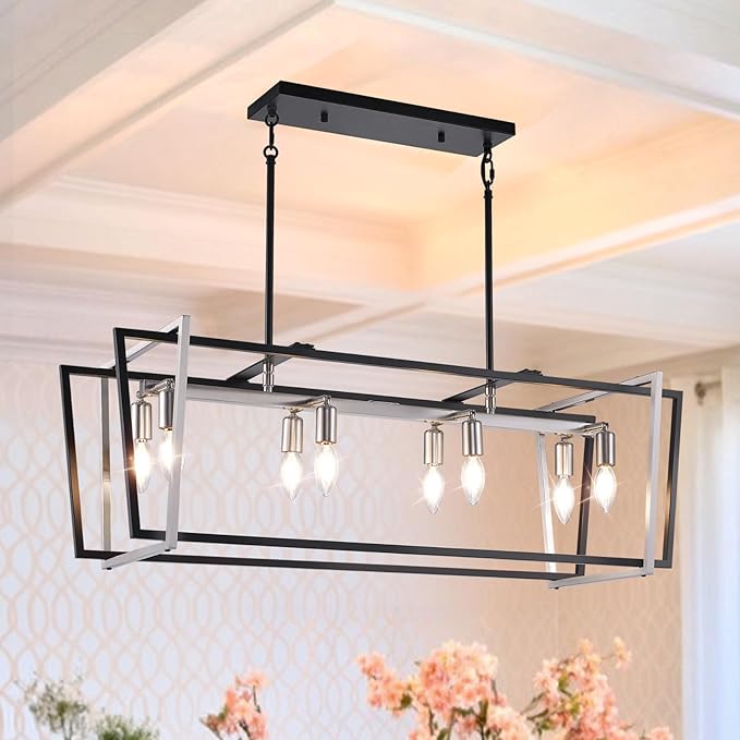 WJShome Dining Room Light Fixture/Chandelier Over Table, 8-Light Kitchen Island Lighting, 36" Hanging for Farmhouse Linear Chandeliers Modern Black and Brushed Nickel Ceiling Pendant Light Fixtures