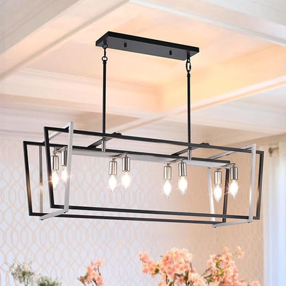 WJShome Dining Room Light Fixture/Chandelier Over Table, 8-Light Kitchen Island Lighting, 36" Hanging for Farmhouse Linear Chandeliers Modern Black and Brushed Nickel Ceiling Pendant Light Fixtures