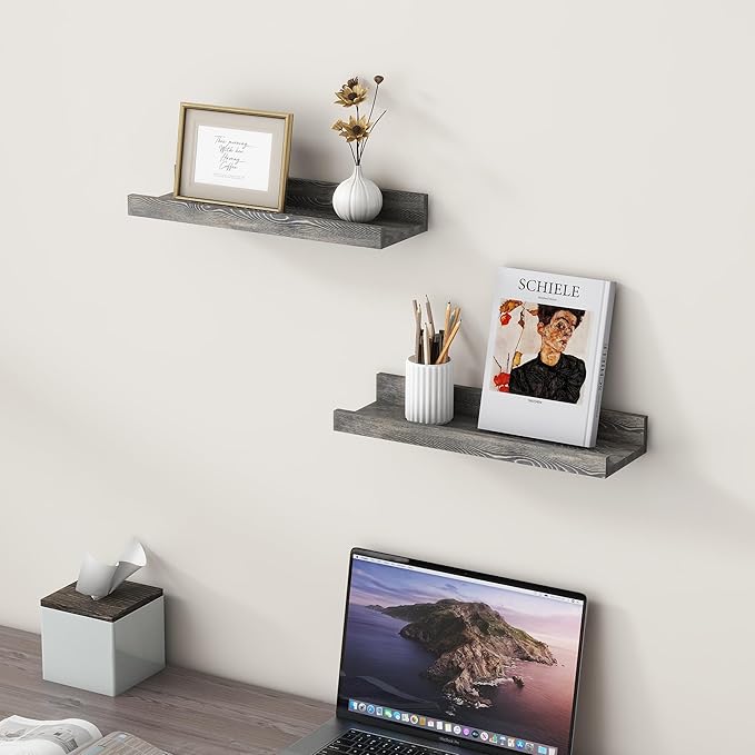 FLYJOE Picture Ledge Wall Shelves 16 inch Width Set of 2, Solid Pine Wood Rustic Floating Ledge Shelves for Wall for Kids' Room Bedroom Kitchen Bathroom Living Room Nursery Display Wall Decor, Grey
