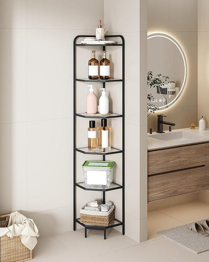 Hzuaneri Corner Shelf Stand, 6-Tier Glass Bookshelf Bookcase, Bathroom Organizer, Plant Stand, Steel Frame, Tempered Glass, Modern Style for Living Room, Bathroom, Kitchen, Black CS90600B