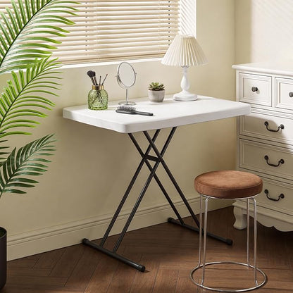 30 Inch Folding Table, Adjustable Height TV Tray for Small Spaces, Heavy Duty Foldable Utility Table for Laptop, Dining, Camping, No Assembly, 200 lbs Capacity, White Granite